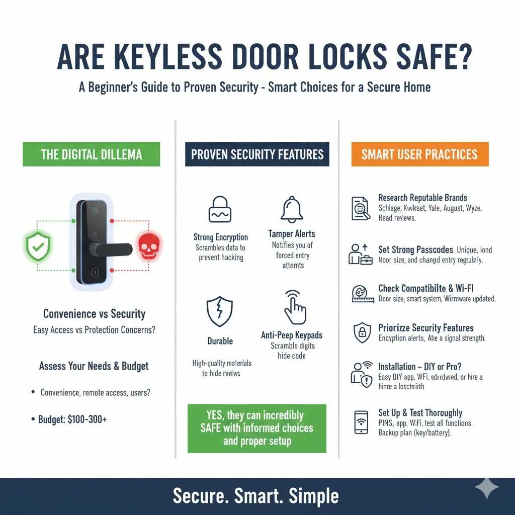 topic 2 - Choosing and Installing Your Keyless Lock with Confidence
Selecting a keyless lock shouldn’t feel like a gamble. It’s about making informed decisions that align with your home’s needs. Here’s a simple, step-by-step approach to help you choose and install with confidence:
Step 1: Assess Your Needs and Budget
Before you shop, think about what’s most important to you. Do you want to check your door from your office? Or are you primarily looking for a more convenient way to get into your home without fumbling for keys? How many people will need access? What’s your budget? Keyless locks range from around $100 to $300 or more, depending on features.
Step 2: Research Reputable Brands
Stick to well-known brands that have a good track record for security, reliability, and customer support. Some leading brands in smart home security include:
Schlage
Kwikset
August Smart Lock
Yale
Wyze
Read recent reviews, paying attention to comments about security, ease of use, and customer service. Websites like CNET and consumer advocacy groups often provide objective reviews.
Step 3: Check Compatibility
Ensure the lock you choose will fit your existing door. Most standard doors accommodate common lock sizes, but it’s always wise to measure your door’s backset, bore hole diameter, and door thickness. Also, consider if you want it to work with your existing smart home system (like Amazon Alexa or Google Home). If you’re opting for a smart lock, check your home’s Wi-Fi signal strength at the door. A weak signal can lead to connectivity issues. The Home Assistant community, for example, offers extensive discussions and guides on network reliability for smart homes.
Step 4: Prioritize Security Features
As discussed, look for strong encryption, tamper alerts, and durable physical construction. For keypad locks, ensure the buttons are robust and not prone to wear that could reveal frequently used numbers. For smart locks, verify the strength of their app security and update policies.
Step 5: Installation – DIY or Pro?
Most keyless locks are designed for relatively easy DIY installation, often requiring just a screwdriver. Manufacturers provide clear instructions and often have video tutorials available online. If you're not comfortable using tools or have an older, perhaps non-standard door, hiring a professional locksmith is a great way to ensure correct and secure installation. Their expertise guarantees the lock is fitted perfectly, maximizing its physical security.
Step 6: Set Up and Test Thoroughly
Once installed, follow the manufacturer’s instructions to set up your PIN codes, connect to Wi-Fi (if applicable), and download the app. Test all functions thoroughly: enter your codes, use the app to lock and unlock, and try out any temporary access codes you create. Test it from different distances if it’s a smart lock. It’s also a good idea to have a backup plan – some smart locks have a hidden key override, and some non-smart ones just have a battery backup. Ensure you know how to access this if needed