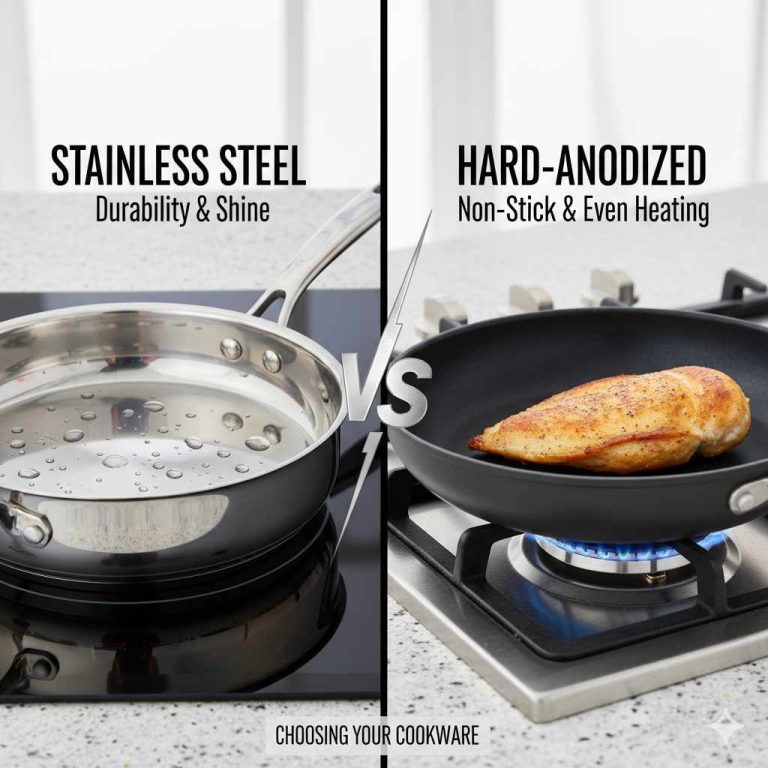 Which Cookware Should You Choose? The best choice for you comes down to how you cook, what you cook, and what you value most in your cookware. There's no single "best" answer for everyone. You should choose Stainless Steel if: You want a long-term investment. You are willing to pay more upfront for pans that will last a lifetime. You love to sear meat. You want that perfect brown crust on steaks, chops, and chicken. You enjoy making pan sauces. You use the browned bits left in the pan to build flavorful sauces. You value versatility. You want pans that can go from the stovetop to a very hot oven or broiler. You don't want to worry about coatings. You prefer a pure, uncoated cooking surface and don't mind using metal utensils. You should choose Hard-Anodized if: You prioritize convenience. You want an easy, non-stick cooking experience with minimal cleanup. You cook a lot of delicate foods. Your go-to meals include eggs, omelets, pancakes, or flaky fish. You are a beginner cook. You want a more forgiving pan that helps prevent sticking while you learn. You want superior, even heating. You're tired of pans with hot spots that burn food in one area while leaving another undercooked. You don't use an induction stove. Or you are willing to look for a specific induction-compatible model.