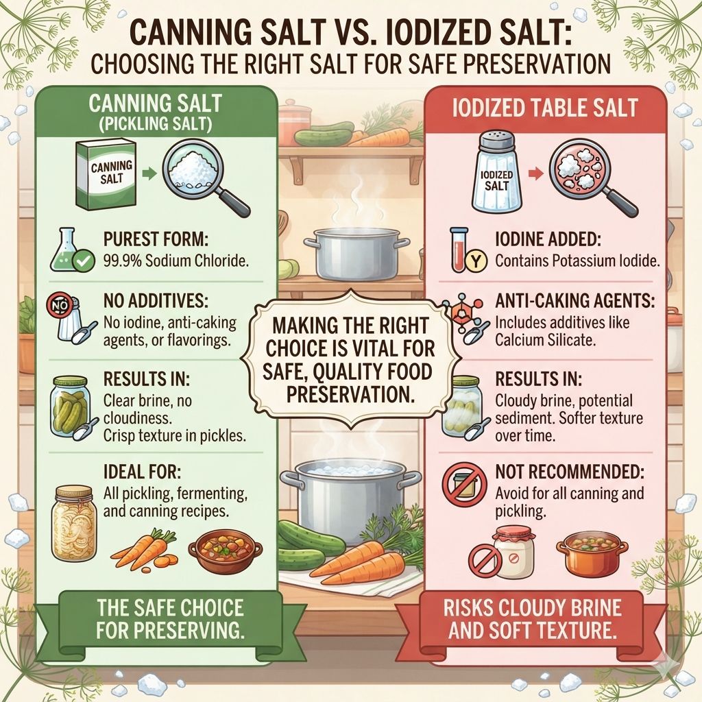 Canning salt and iodized salt differ in purity and use, making the right choice important for safe, quality food preservation.
