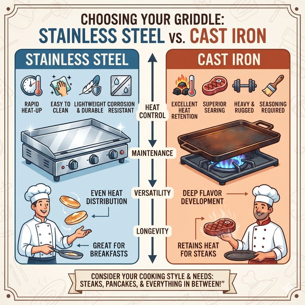 Choosing between a stainless steel vs cast iron griddle can significantly impact your outdoor cooking experience. Both materials offer unique advantages and disadvantages, influencing everything from heat retention and cooking performance to durability and maintenance. Understanding these differences is key to selecting the right griddle for your grilling needs, whether you’re searing steaks, flipping pancakes, or creating a breakfast feast.