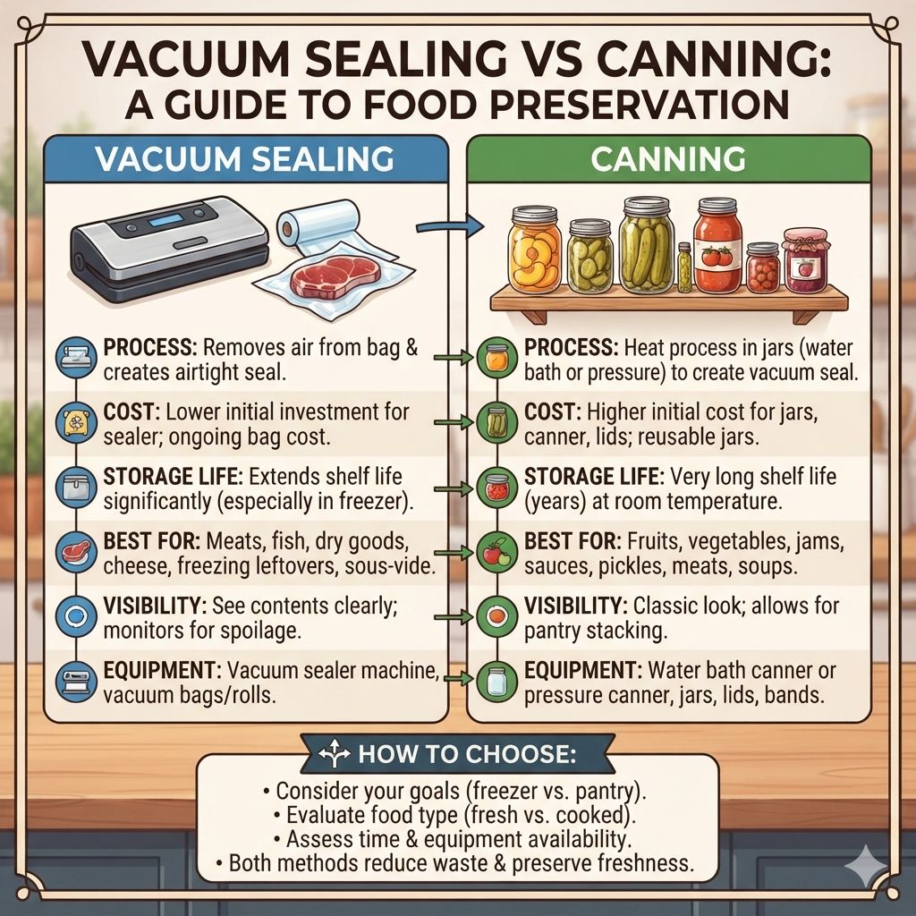 When preserving food, you’ll often encounter two main methods: vacuum sealing vs canning. Both offer excellent ways to extend the shelf life of your food, but they differ significantly in process, cost, and the types of food best suited for each. Choosing the right method depends on your needs, available equipment, and what you plan to store.