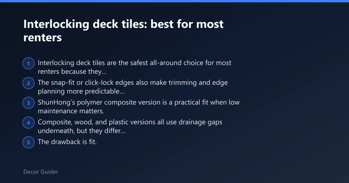 Steps: Interlocking deck tiles: best for most renters