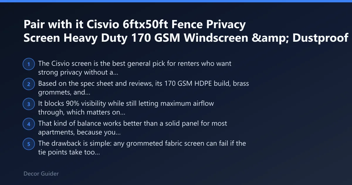 Steps: Pair with it Cisvio 6ftx50ft Fence Privacy Screen Heavy Duty 170 GSM Windscreen &amp; Dustproof Fabric Privacy Screen Covering – $42.99 Cisvio · 6ft x 50ft Heavy Duty 170 GSM Mesh, Brown Constructed from 170 GSM HDPE for exceptional durability Features durable brass grommets and double-reinforced edges Blocks 90% visibility while allowing maximum airflow Drawback: Fixed 50-foot length may be excessive for small balconies $42.99 Price as of 26 Sep 2026 View on Amazon &rarr; As an Amazon Associate we earn from qualifying purchases. Prices and availability are accurate as of the date shown and are subject to change. Cisvio HDPE privacy screen: best for most apartments