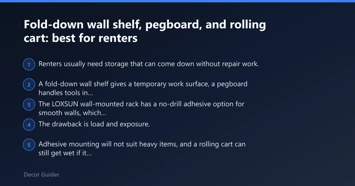 Steps: Fold-down wall shelf, pegboard, and rolling cart: best for renters