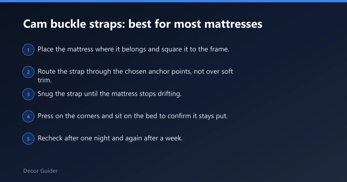 Steps: Cam buckle straps: best for most mattresses