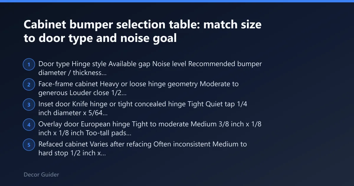 Steps: Cabinet bumper selection table: match size to door type and noise goal