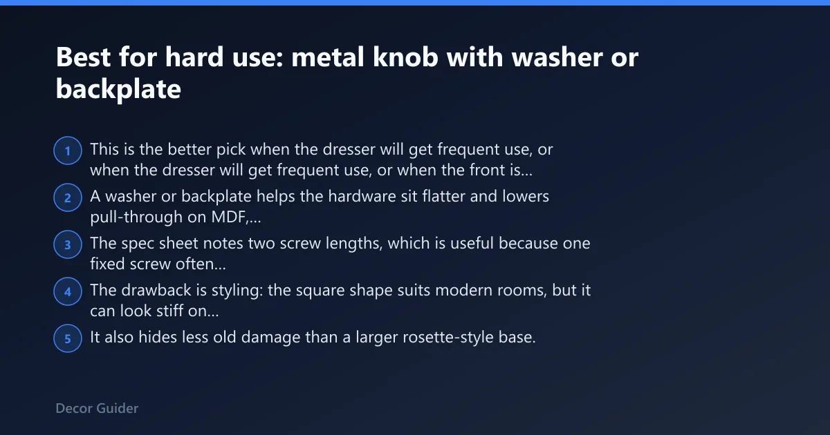 Steps: Best for hard use: metal knob with washer or backplate