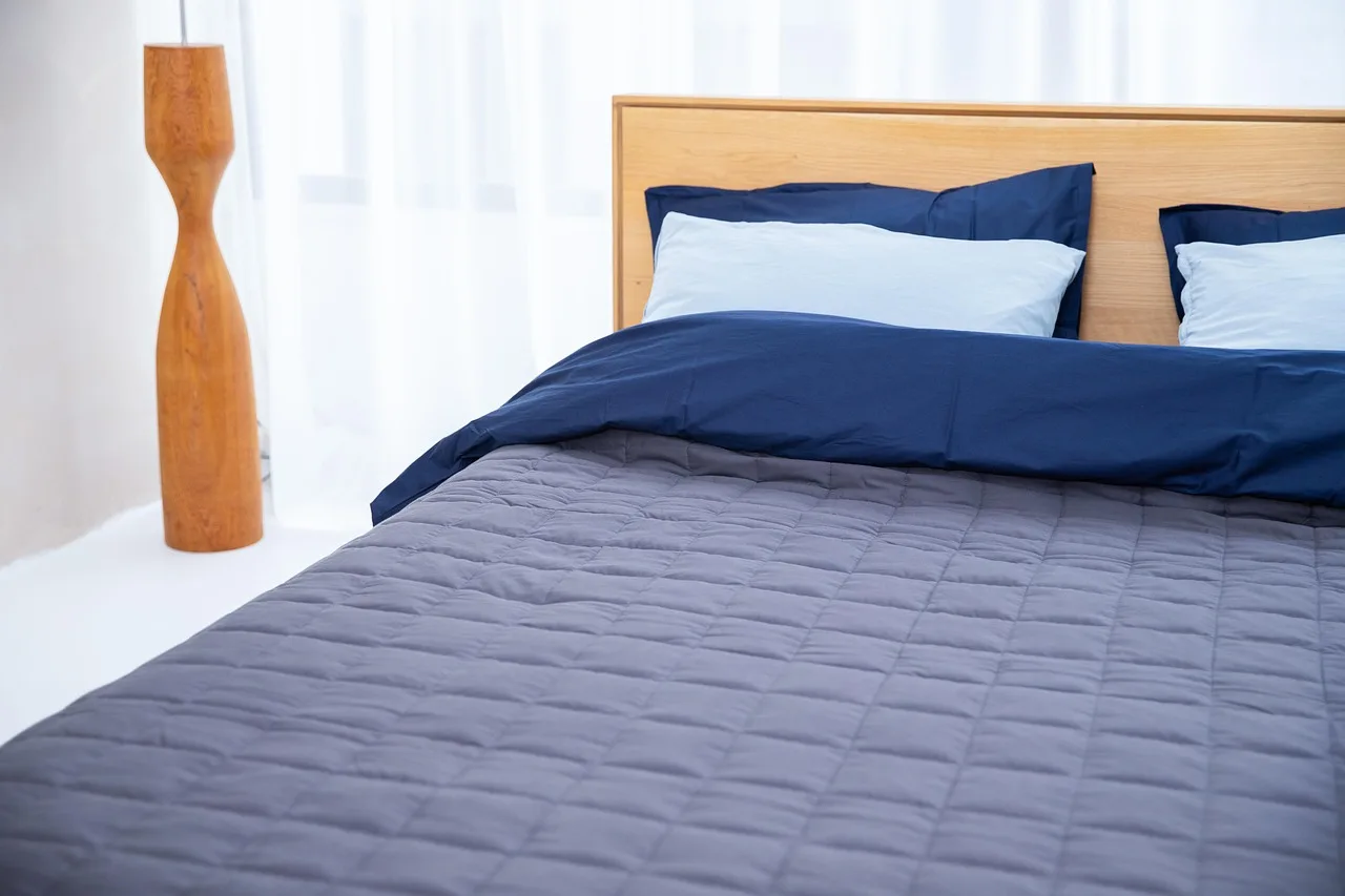 A futon mattress on a low frame in a bright small apartment living room