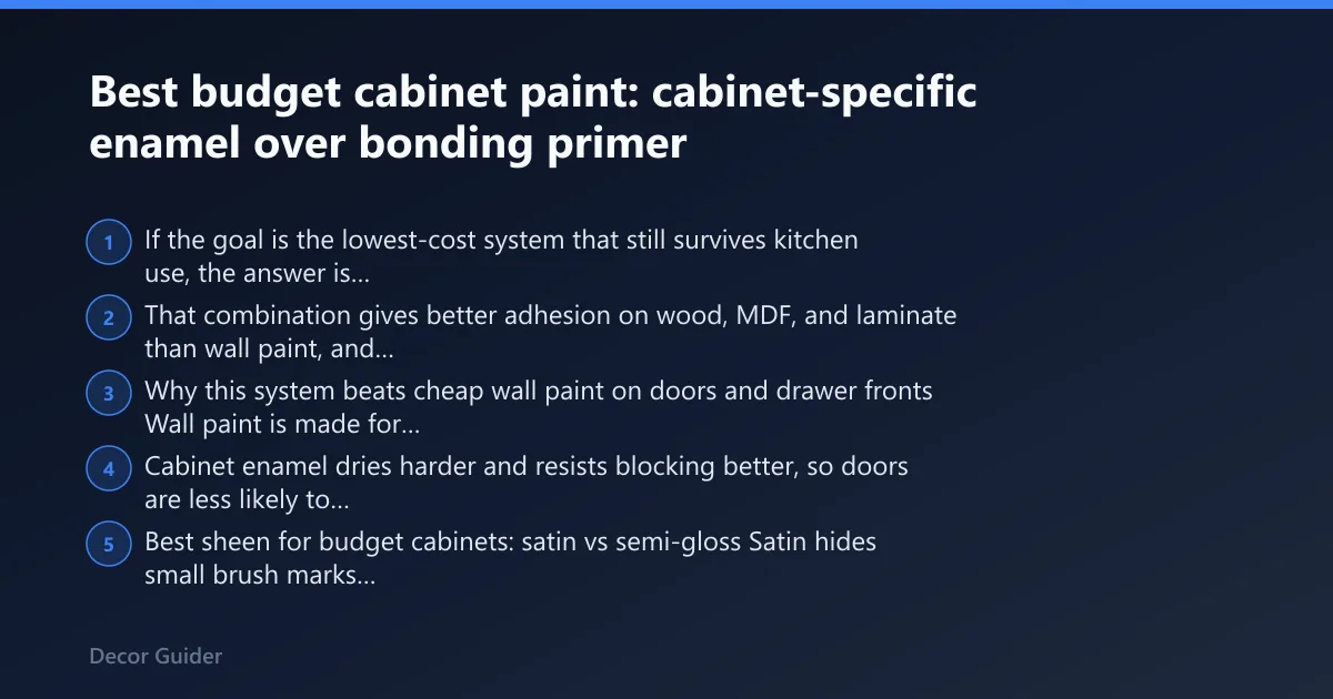 Steps: Best budget cabinet paint: cabinet-specific enamel over bonding primer