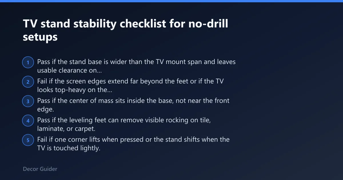 Steps: TV stand stability checklist for no-drill setups