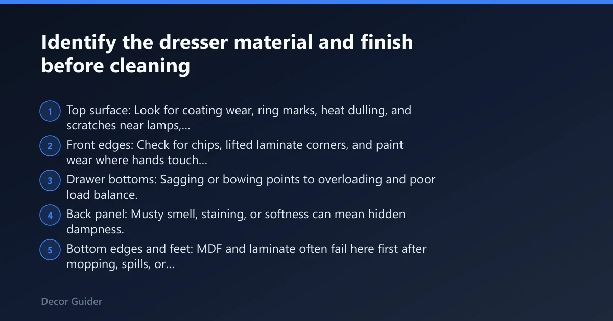 Steps: Identify the dresser material and finish before cleaning