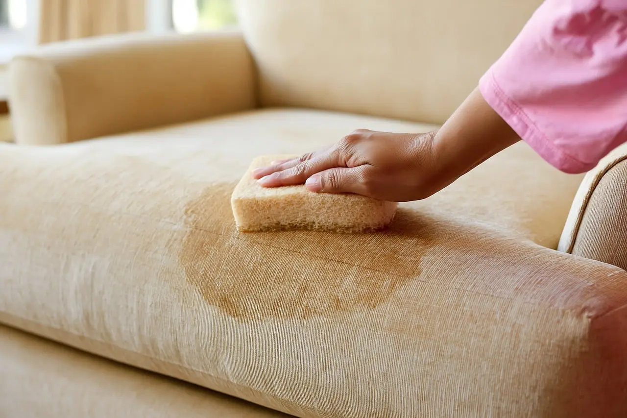 Person inspecting a light-colored sofa with cleaning supplies in natural window light