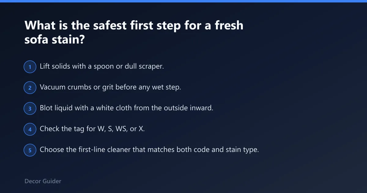 Steps: What is the safest first step for a fresh sofa stain?