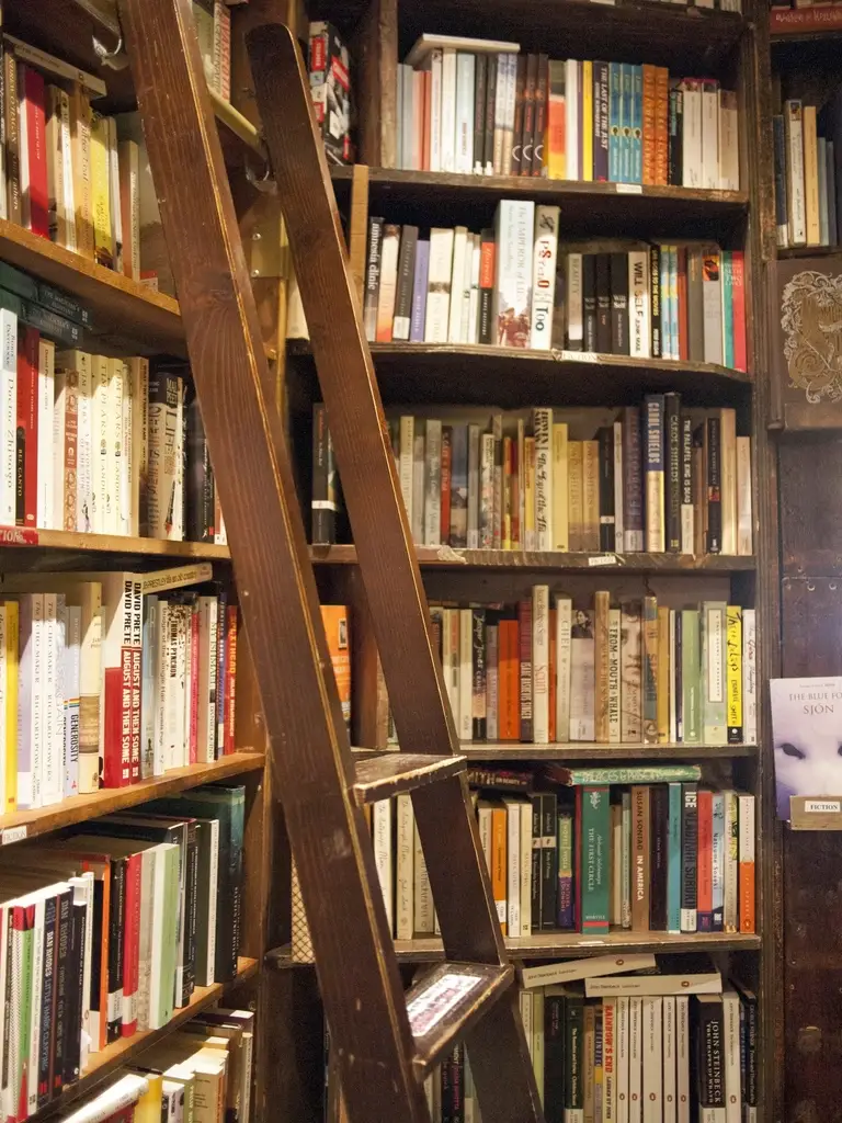 Close-up of the Amazon Basics ladder bookshelf showing the angled frame and a few books