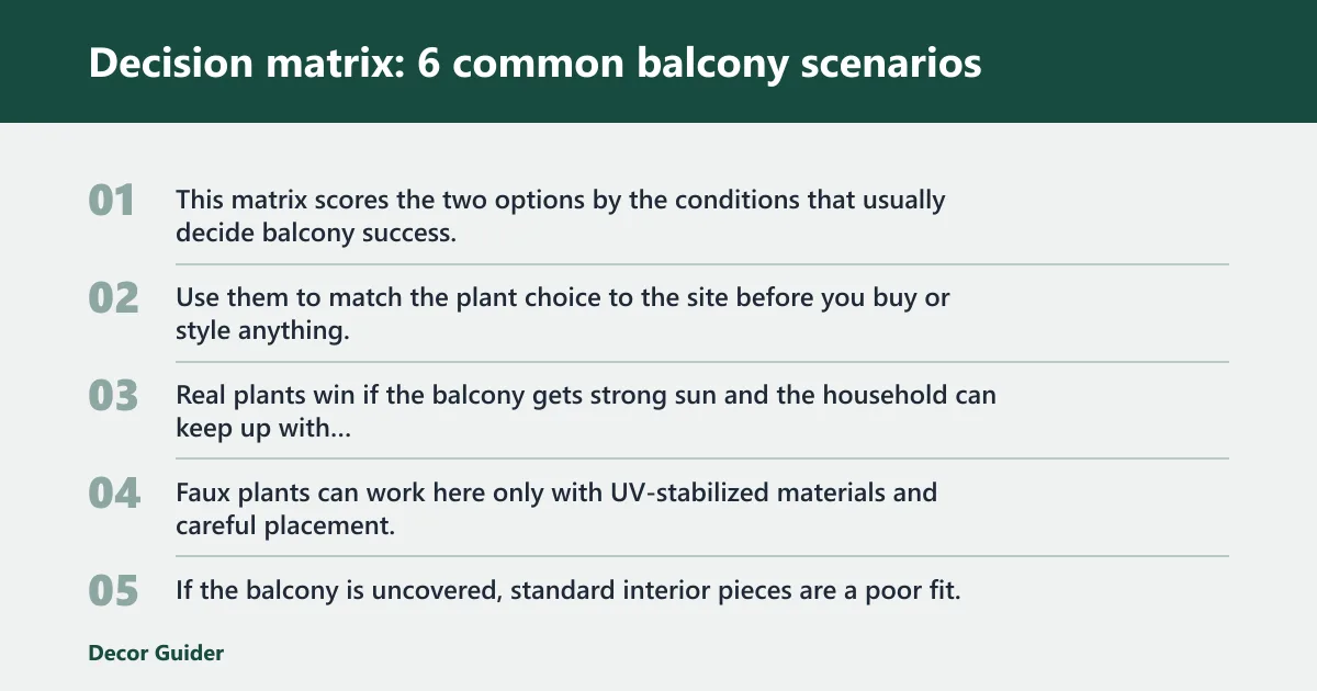Steps: Decision matrix: 6 common balcony scenarios