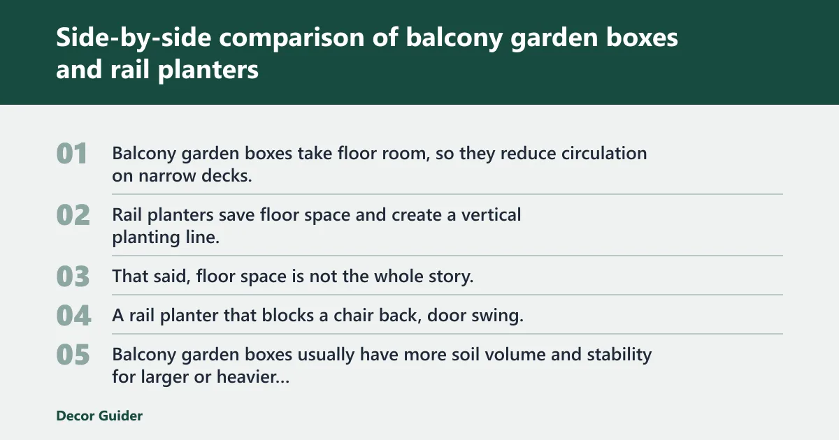 Steps: Side-by-side comparison of balcony garden boxes and rail planters