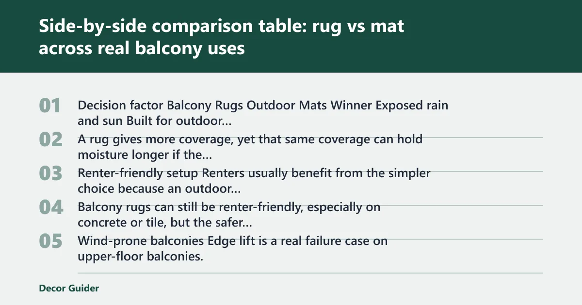 Steps: Side-by-side comparison table: rug vs mat across real balcony uses