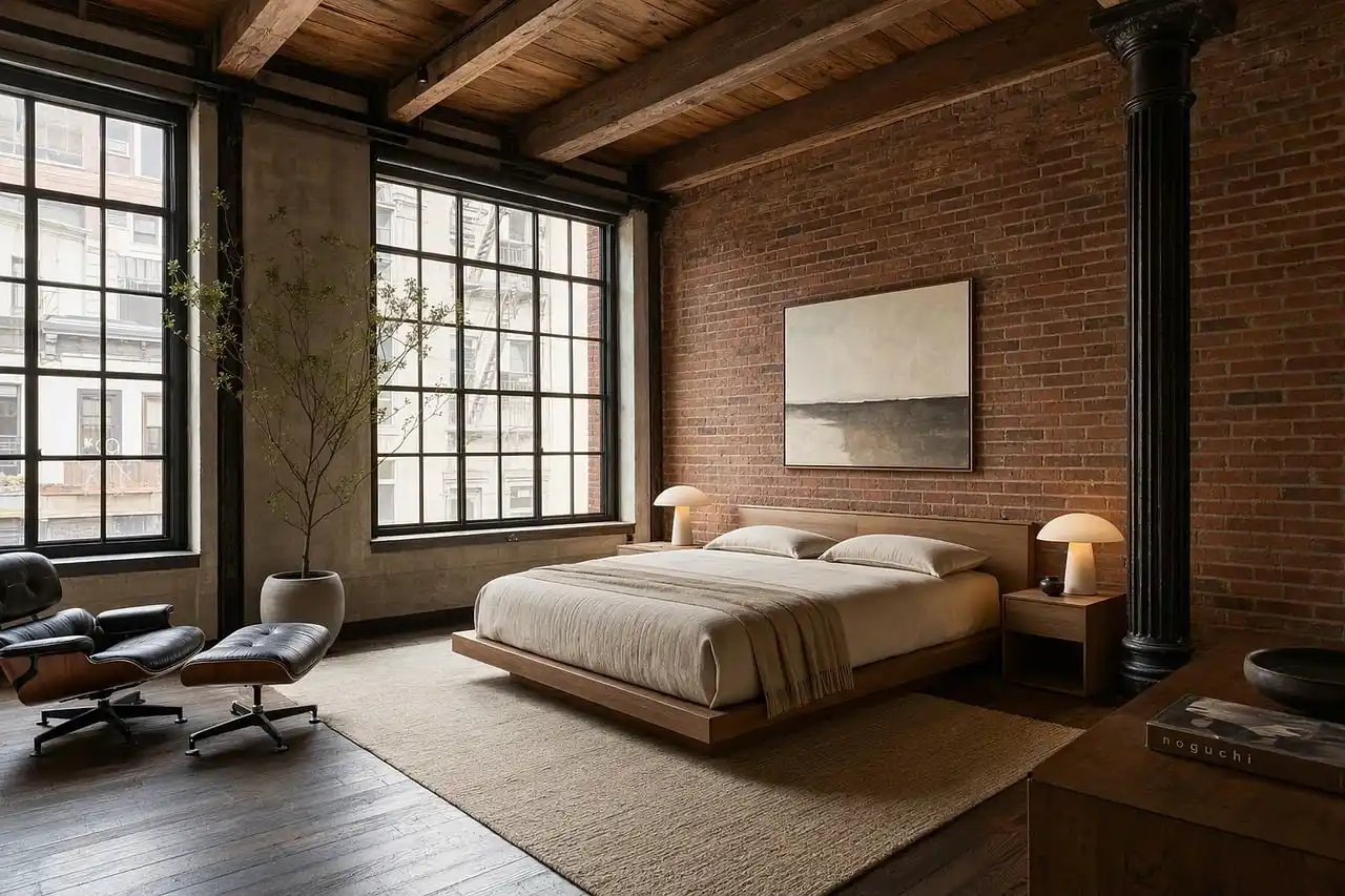 Bedroom rug under a bed in a sunlit neutral bedroom with wood floors and sheer curtains