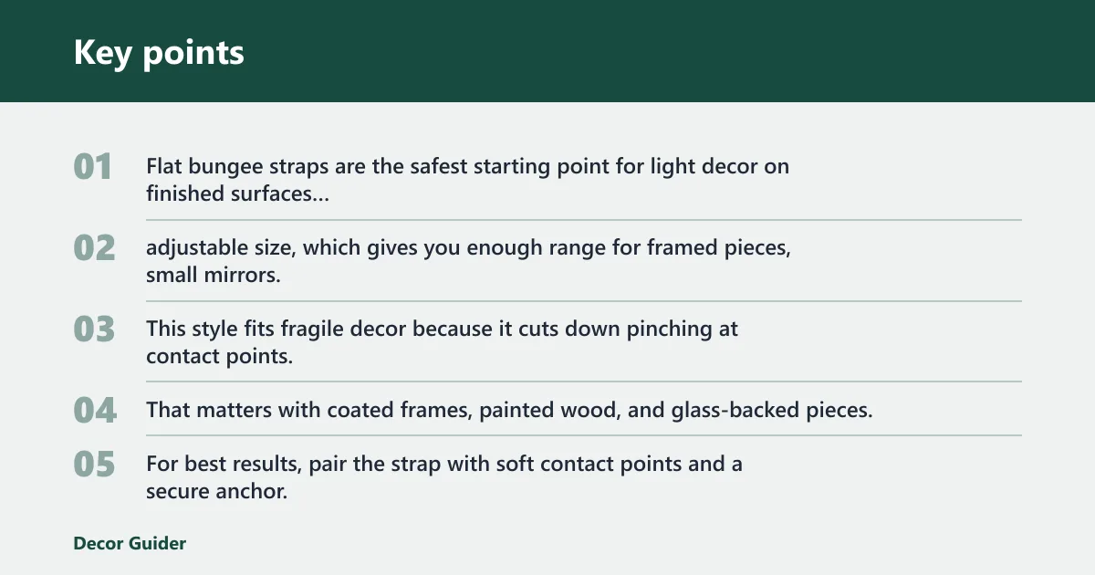 Key points: Adjustable flat bungee cord: best for fragile decor