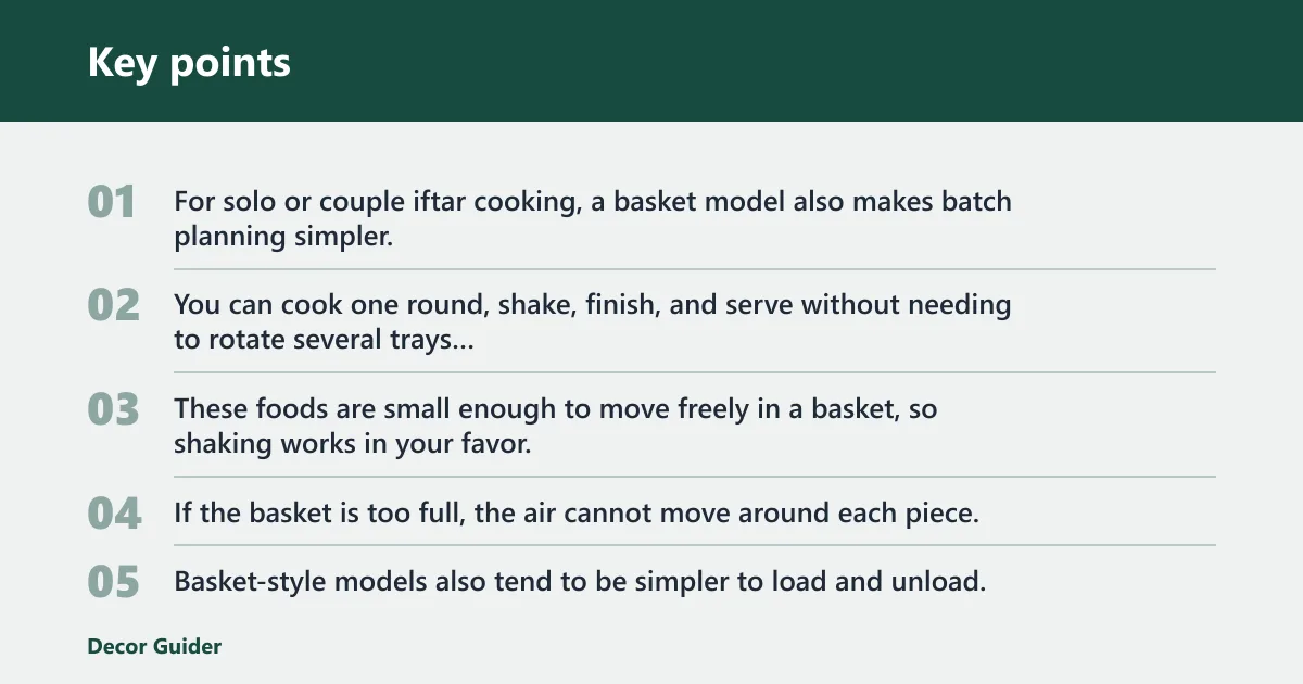 Key points: Basket-style air fryer: best for crispy small snacks