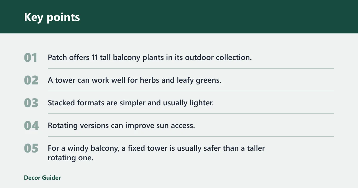 Key points: Vertical planter towers: best for tiny floors