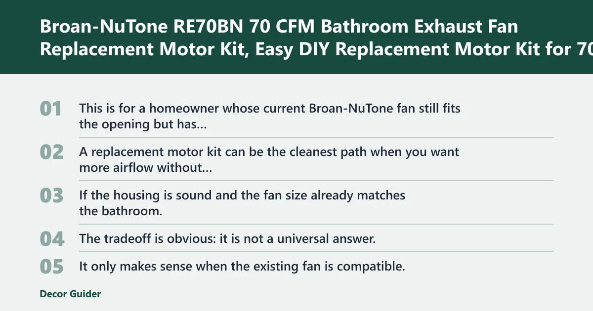 Steps: Broan-NuTone RE70BN 70 CFM Bathroom Exhaust Fan Replacement Motor Kit, Easy DIY Replacement Motor Kit for 70 CFM and 50 CFM Bath Fans, White: best for replacing an existing fan