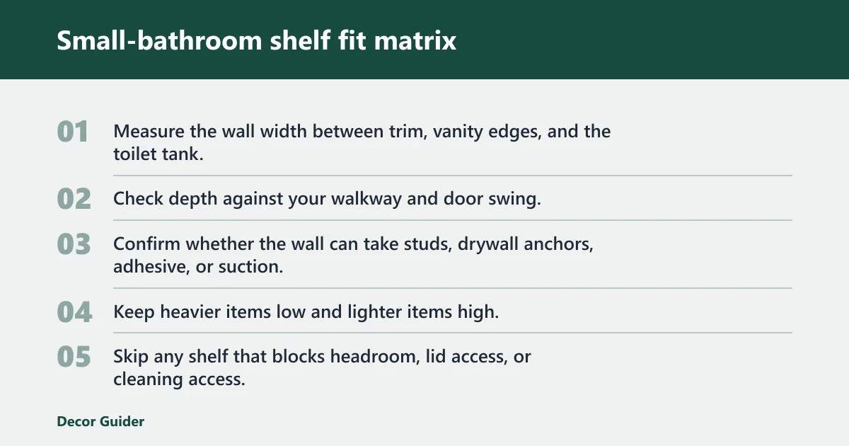 Steps: Small-bathroom shelf fit matrix