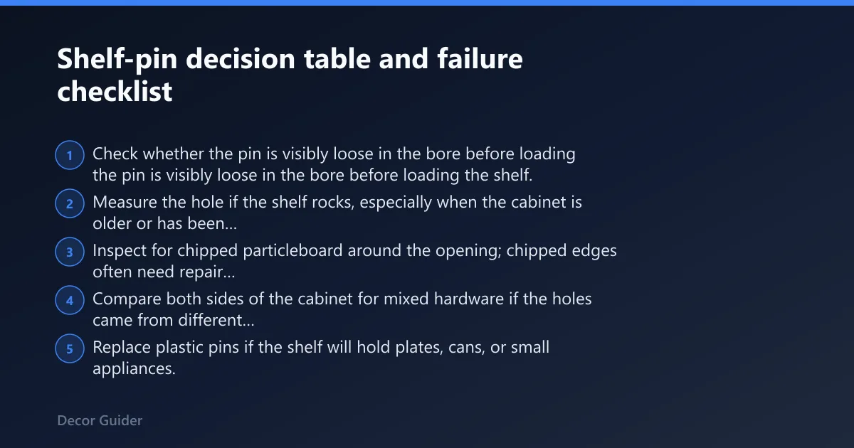 Steps: Shelf-pin decision table and failure checklist