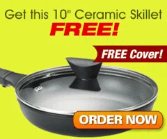 Ceramic nonstick skillet releasing an omelet onto a plate in a bright kitchen