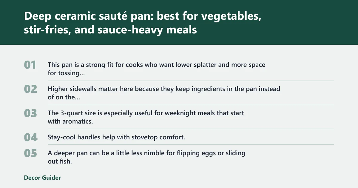 Steps: Deep ceramic sauté pan: best for vegetables, stir-fries, and sauce-heavy meals