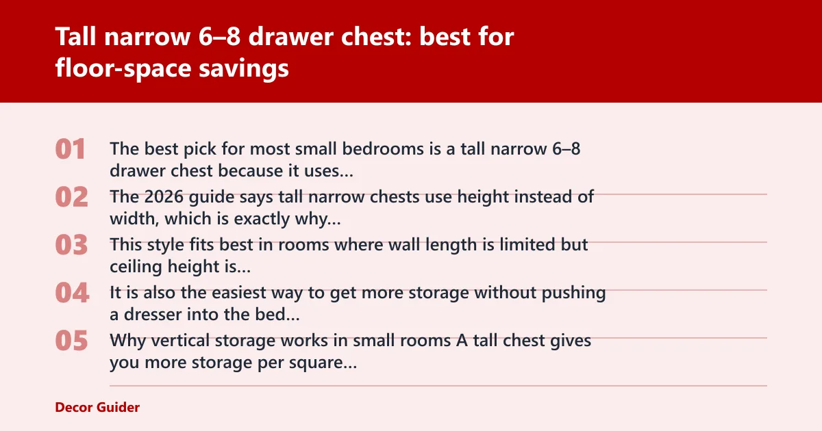 Steps: Tall narrow 6–8 drawer chest: best for floor-space savings