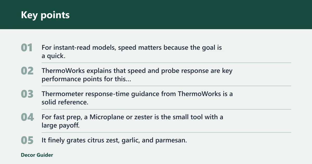 Key points: Thermometer and zester: best for faster results