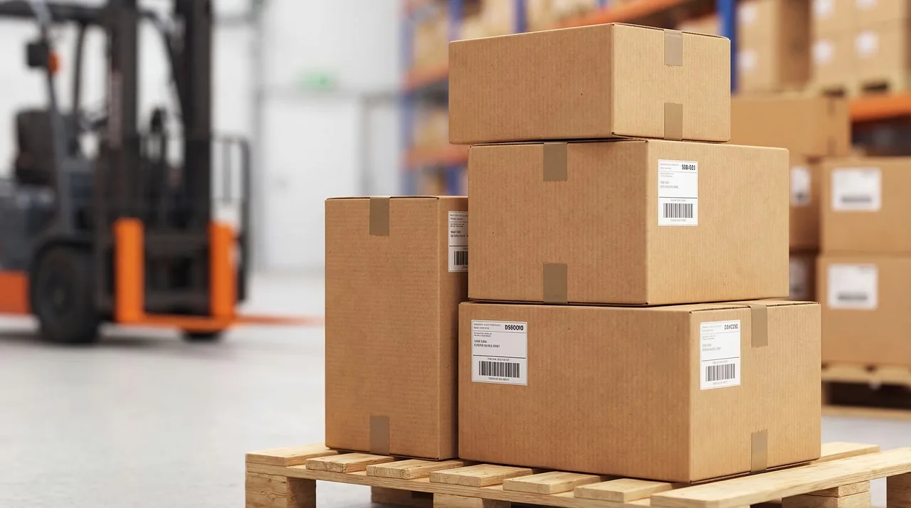 Furniture shipping boxes beside wrapped chair parts and packing materials in natural light