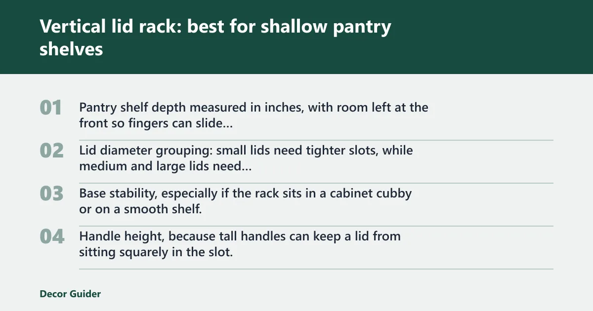 Steps: Vertical lid rack: best for shallow pantry shelves