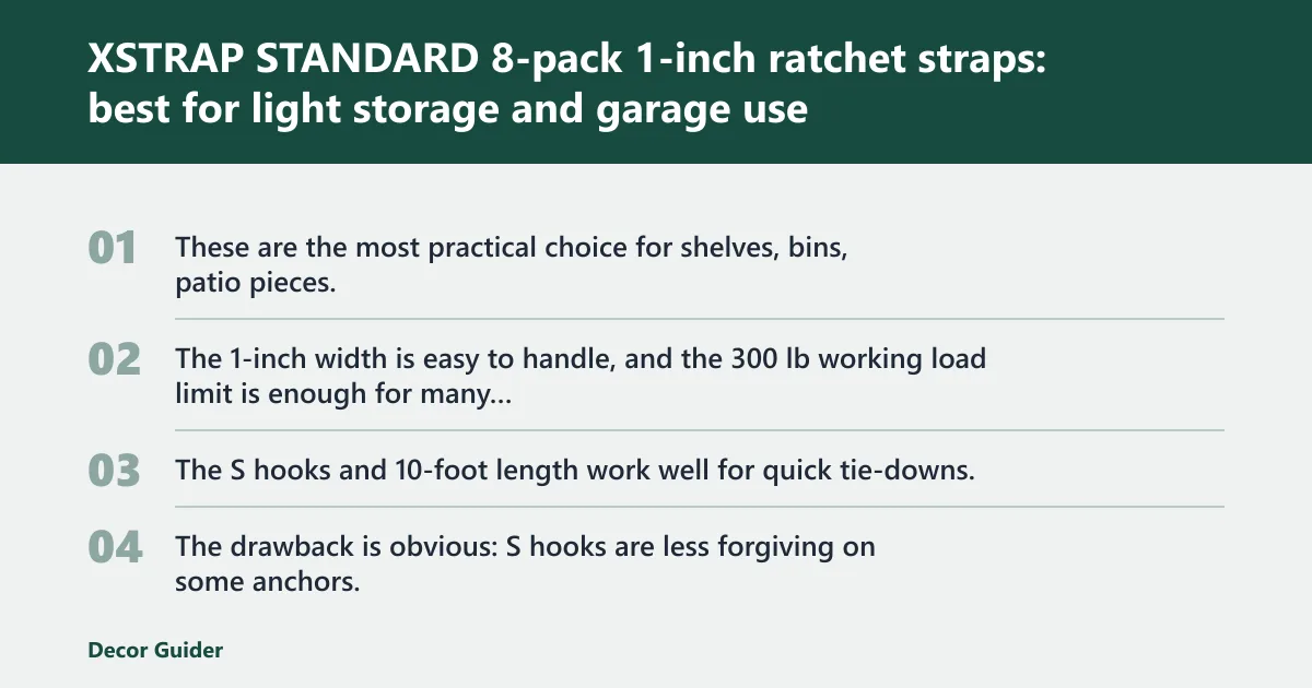 Steps: XSTRAP STANDARD 8-pack 1-inch ratchet straps: best for light storage and garage use