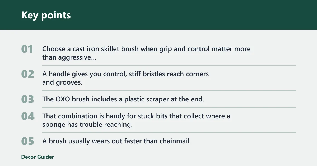 Key points: Cast iron skillet brush: best for corners and grooves