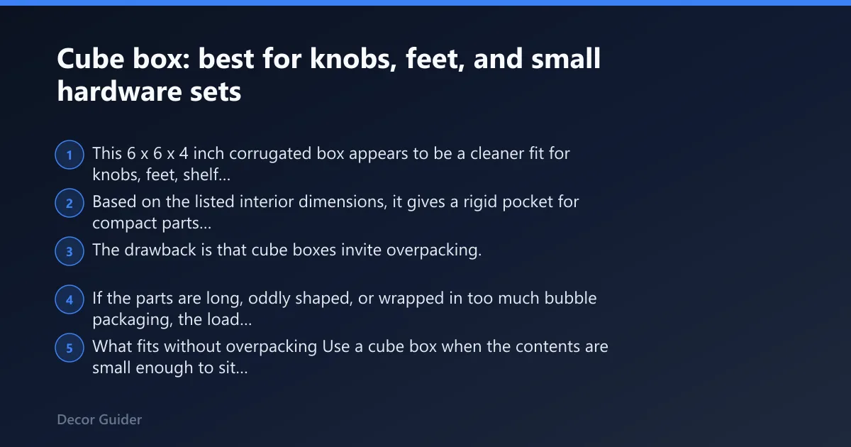 Steps: Cube box: best for knobs, feet, and small hardware sets