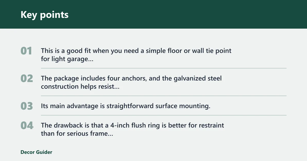 Key points: Jamiikury 4Pcs D-ring tie down anchors: best for slab floors and light garage cargo
