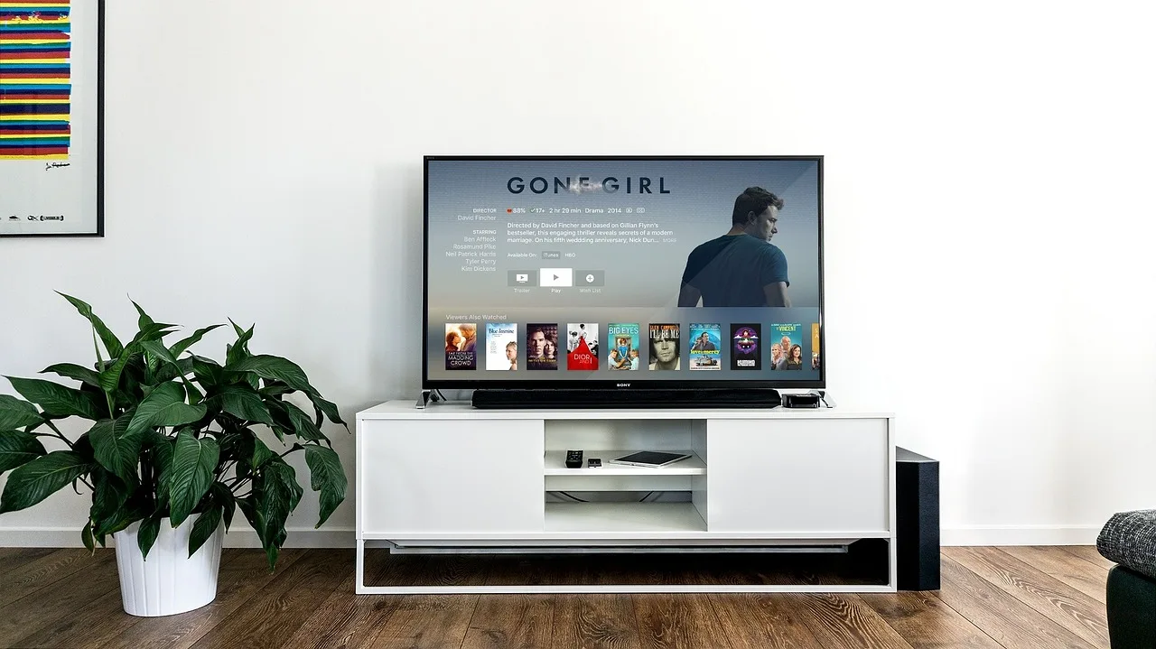 Bonzy Home TV stand in a bright living room with a TV, shelves, and natural light.