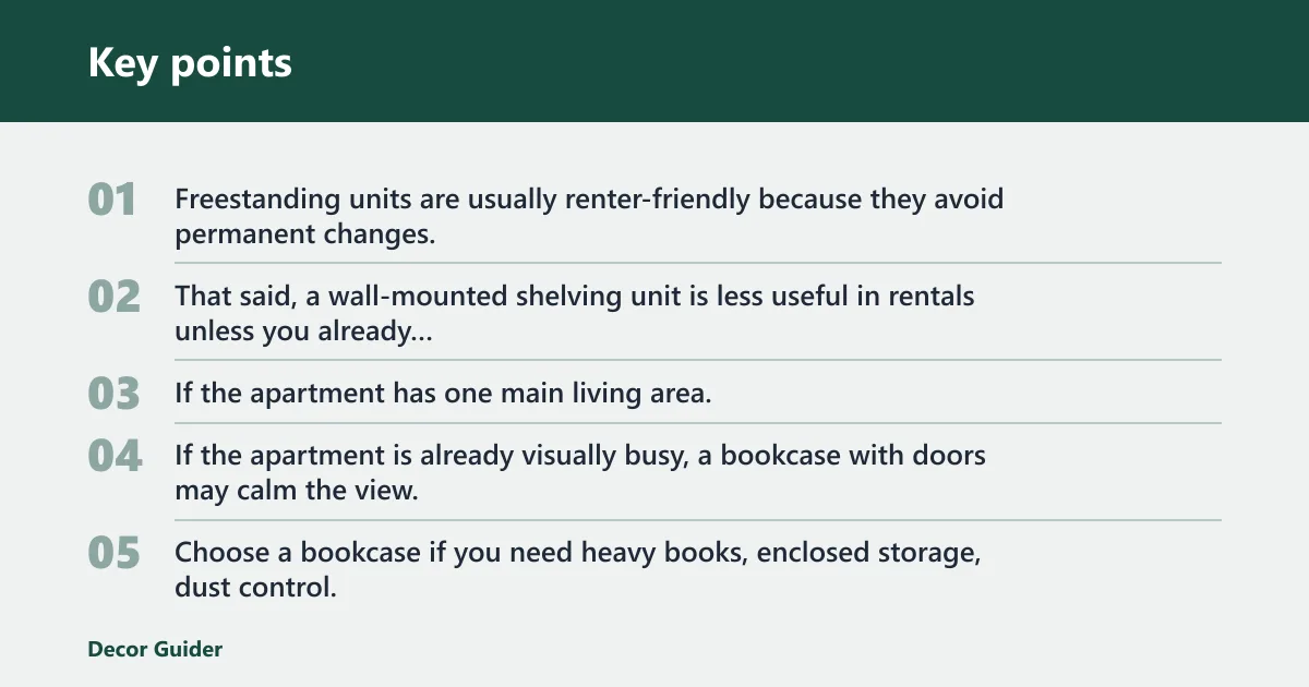 Key points: What is the best option for small apartments: bookcase or shelving unit?