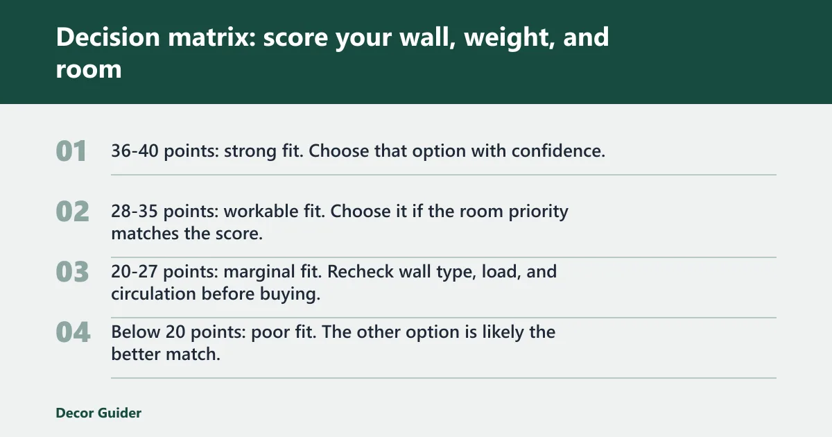 Steps: Decision matrix: score your wall, weight, and room