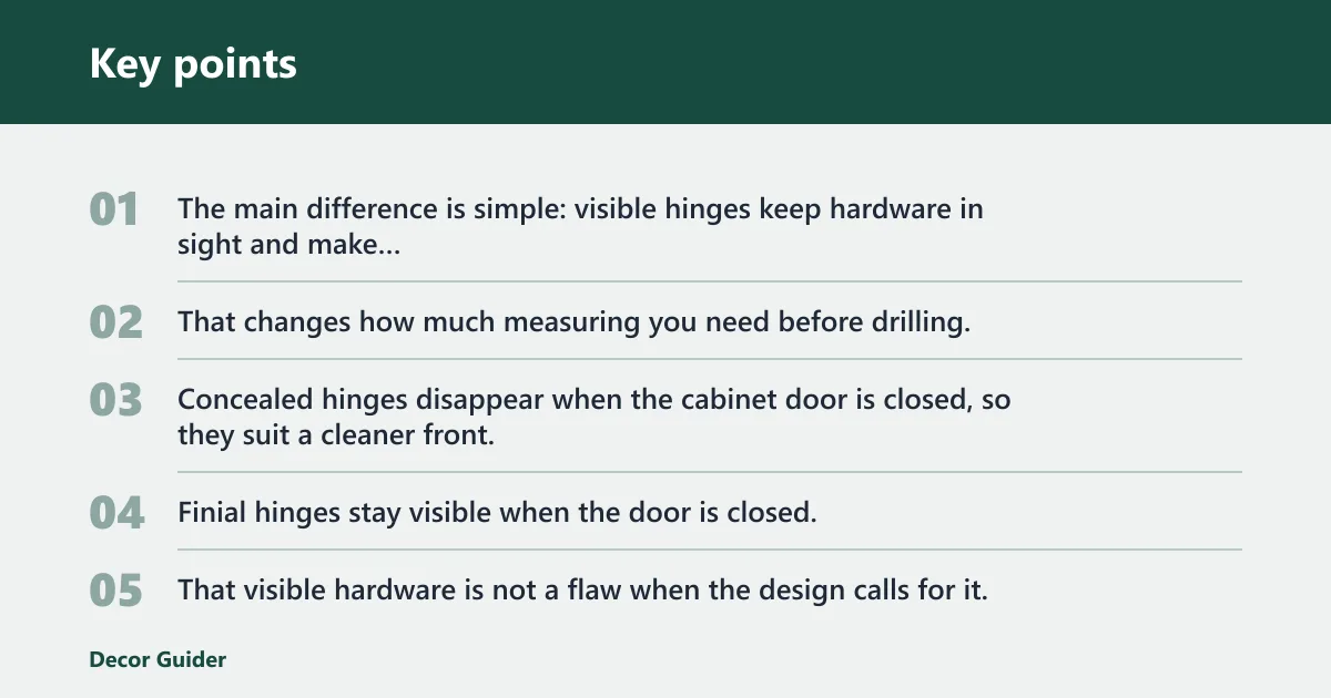 Key points: Cabinet hinges vs concealed hinges: the core trade-off