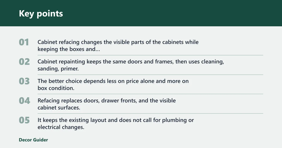 Key points: Cabinet refacing vs cabinet repainting: the core trade-off