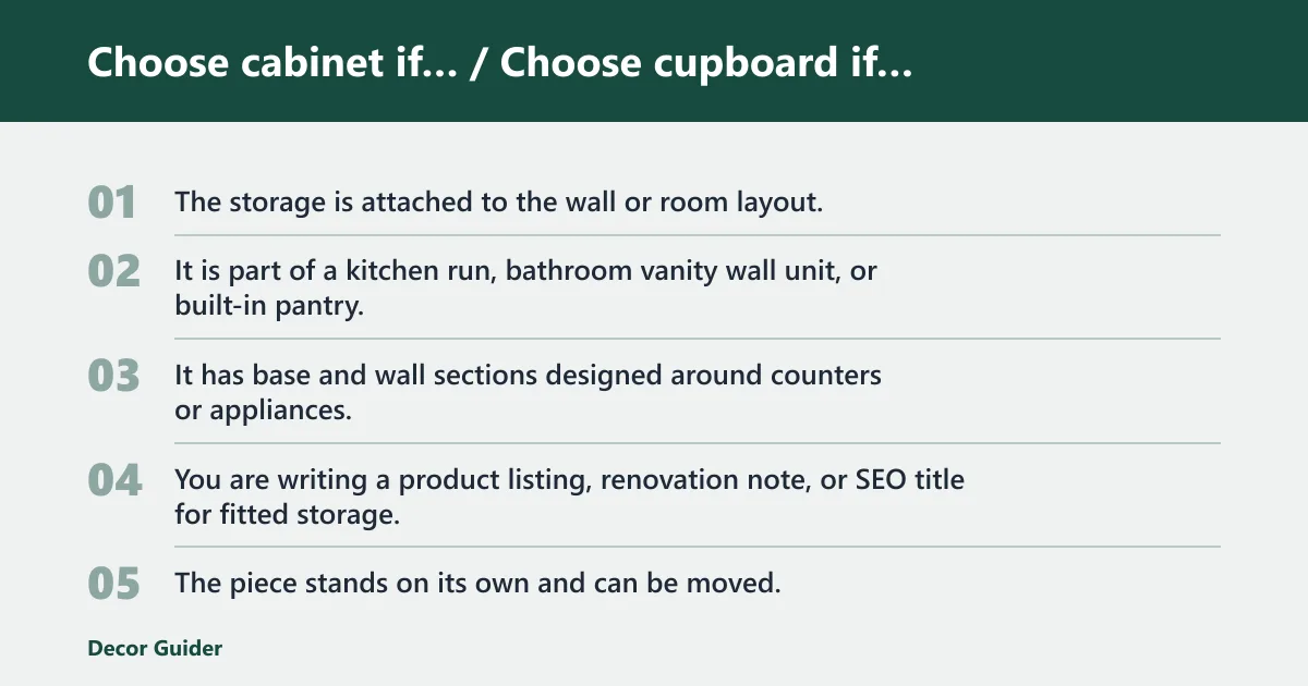 Steps: Choose cabinet if… / Choose cupboard if…