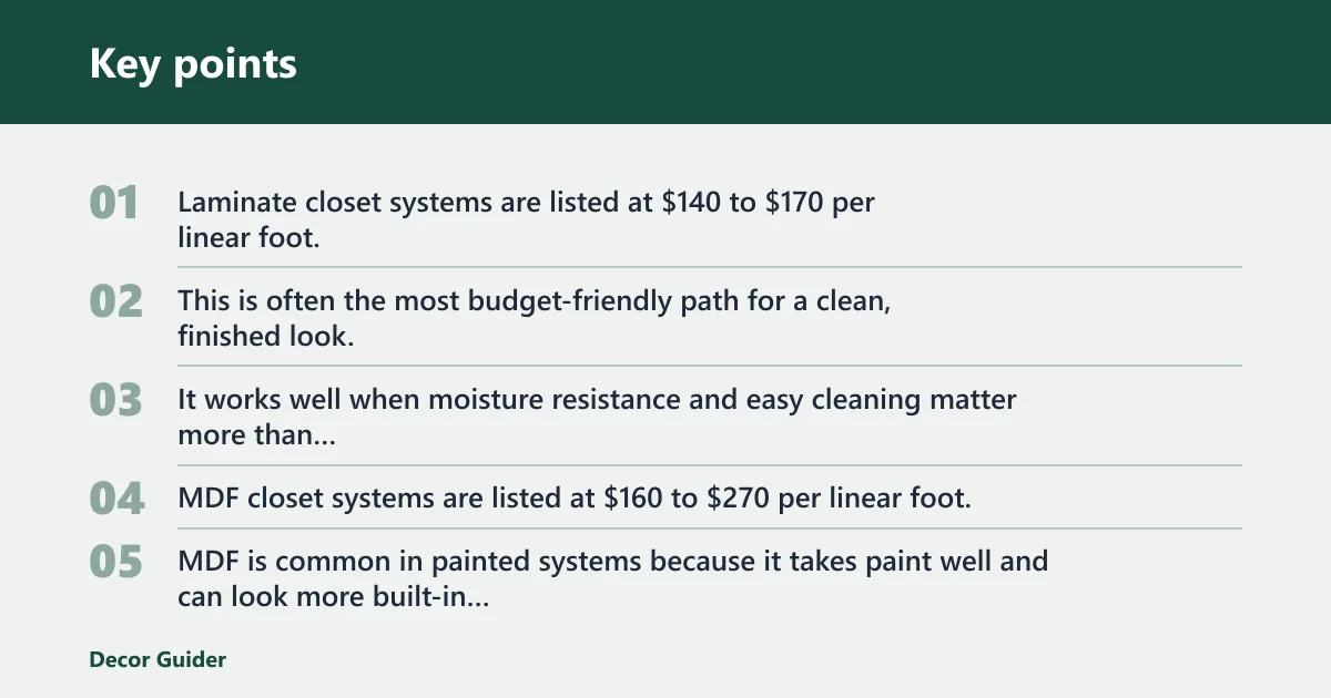 Key points: Closet materials and linear foot pricing