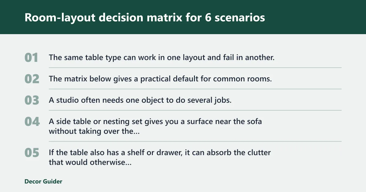 Steps: Room-layout decision matrix for 6 scenarios