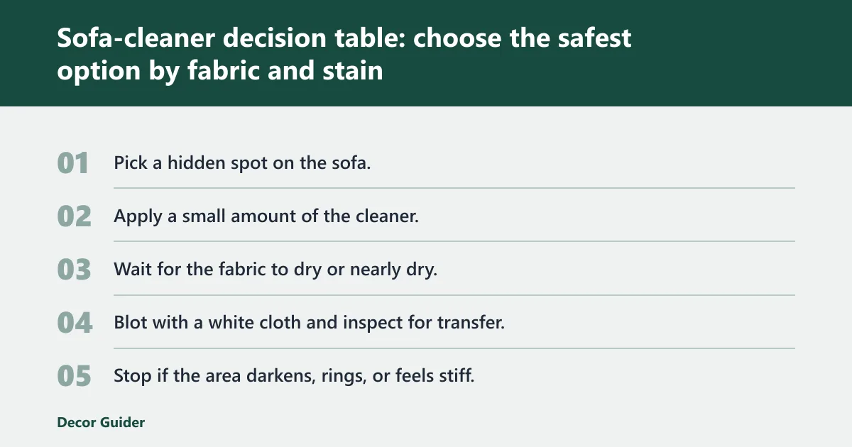 Steps: Sofa-cleaner decision table: choose the safest option by fabric and stain