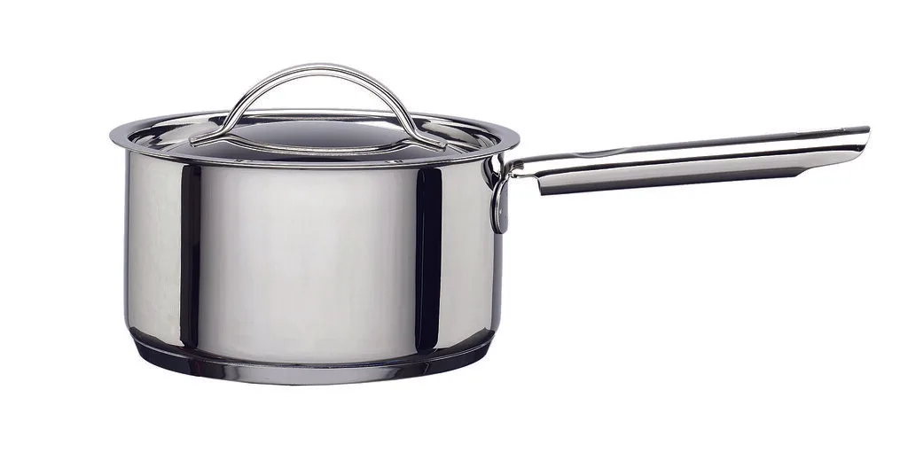 Close-up of a hand polishing a dull stainless steel saucepan with a microfiber cloth