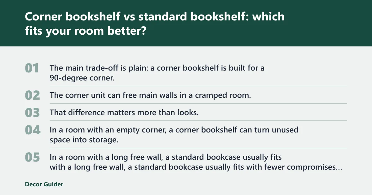 Steps: Corner bookshelf vs standard bookshelf: which fits your room better?