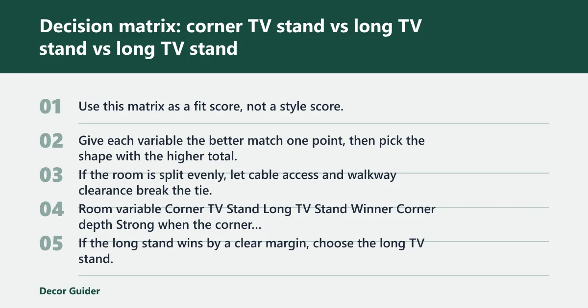 Steps: Decision matrix: corner TV stand vs long TV stand